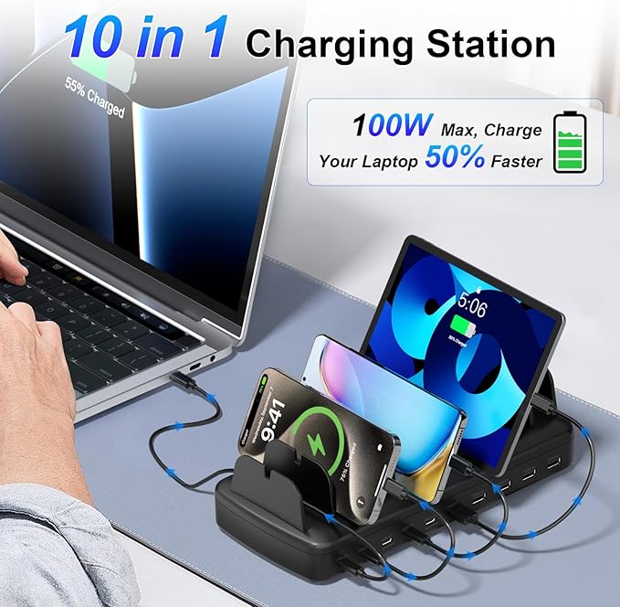 510W Fast Charging Station for Multiple Devices, 10 Port USB C Charger Station with Flame-Retardant Material & 8 Cables for iPhone, Android, iPad, Tablets, Family Office Desk Charging Dock Organizer
