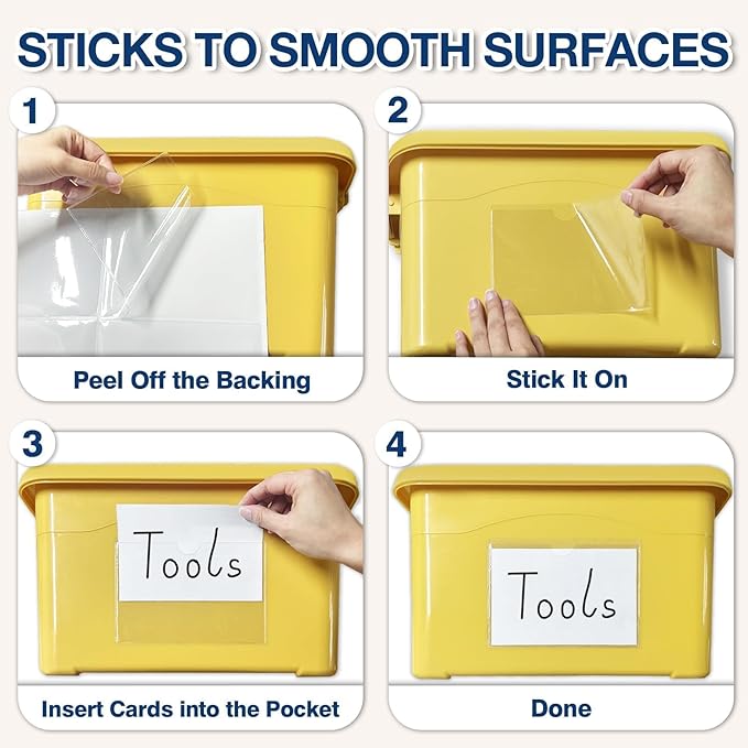 H4D 48 Pack Labels for Storage Bins, 4" x 6" Plastic Clear Adhesive Index Card Holders, Tote Label Pockets for Organizing Storage, Library Card, Shelves