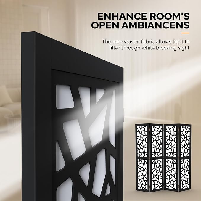 VINGLI 70'' H Room Divider, Non-Woven Fabric Privacy Screen, Indoor Partition Wall Dividers, Freestanding Hinged Space Separator with Modern Unique Pattern (Black, 4 Panel)