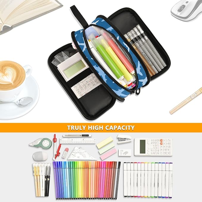 BOENLE Airplanes Blue Pencil Case Box Boys Girls Large Pencil Pouch with Zipper Compartments Big Capacity Stationery Pen Bag Organizer for Kids Teens Adults School