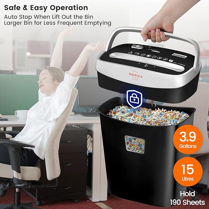 VidaTeco Paper Shredder for Home Office Heavy Duty with 60 Mins Running with US Patented Cutter,Shred CD/Card with Extra Large Bin,AUTO Jam Proof(ETL) (10-Sheet Micro-Cut)
