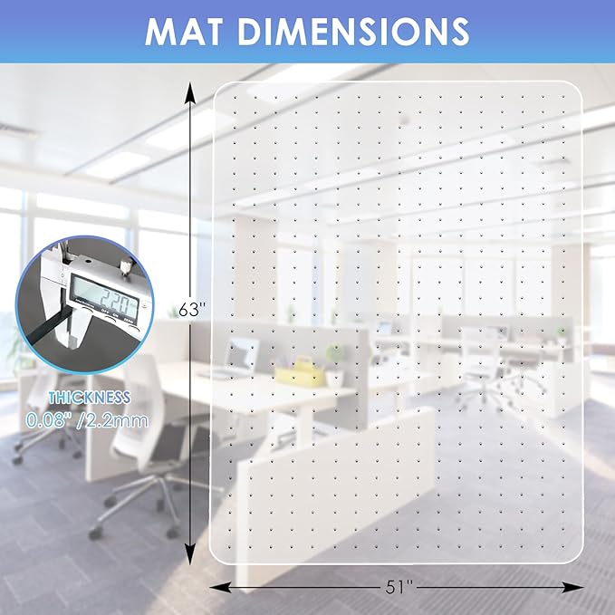 Vicwe Large Office Chair Mat for Carpeted Floors，63"X51" Rectangle Desk Chair Mats with Studs for Low and No Pile Carpeted Floors, Easy Glide Computer Desk Chair Mat for Home & Offices