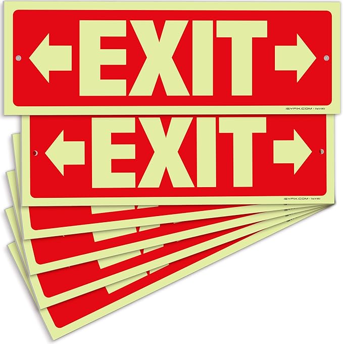 iSYFIX Exit Signs with Directional Right & Left Arrow - 6 Pack 12x4 Inch Glow in the Dark for Business, School, Office, Warehouse - Durable 40 Mil Polystyrene, UV Laminated, Waterproof, Scratch & Fade Resistant