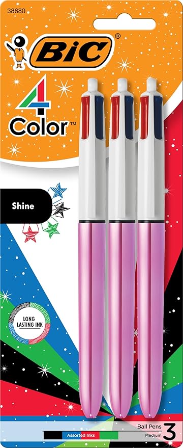 BIC 4 Color Shine Retractable Ballpoint Pen with 1.0 mm Point and Wide Barrel, 3-Count in Assorted Ink