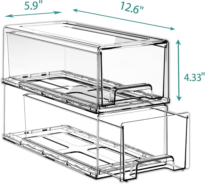 Sgoostood Pull Out Drawer Medicine Box for Safe Medication Storage, Large Refrigerator Storage Bin for Kitchen Food Safe, Tablet Box for Kids Home/Office Organize Ointments,2 Pack - Clear（ Medium）
