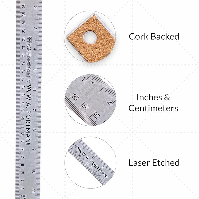 Breman Precision Metal Ruler 12 Inch Cork Back – 10 Pk Stainless Steel Straight Edge, Flexible Non-Slip Metal Ruler with Cork Backing – Imperial & Metric for Crafting, School, Workshop & Home Use