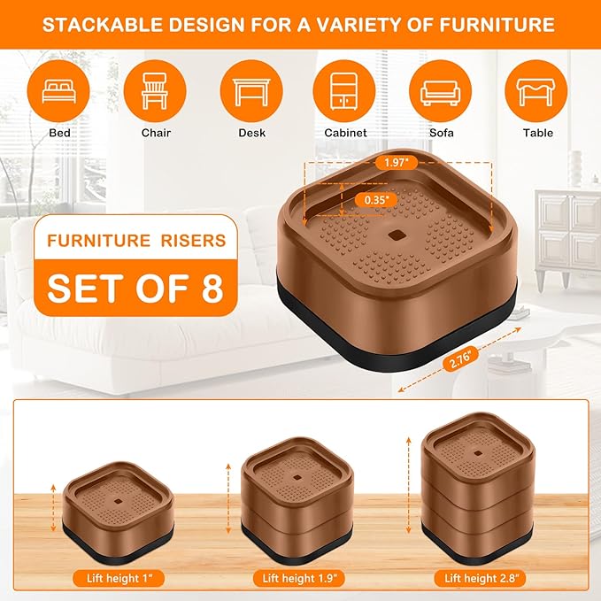 shouwuhho 8 Pack Furniture Risers Adjustable Bed Risers Heavy Duty Lifts Height 1", Square Stackable Bed Risers 1, 2 or 3 Inch for Desk Leg Table Couch Sofa Chair Bed Frame Legs Dorm, Brown