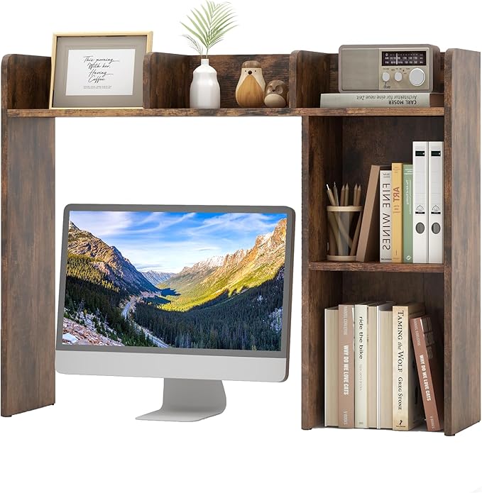 Tangkula Desktop Bookshelf, Countertop Storage Hutch with 5 Shelves for Computer Desk, 3-Tier Display Rack, Multipurpose Wood Desktop Hutch Storage Organizer for Dorm Office, Brown