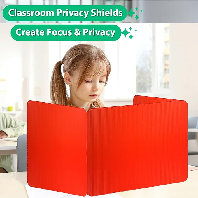 rookea 24 Pack Desk Dividers for Students with 40 Labels, Foldable Waterproof Classroom Privacy Shields Desk Privacy Panel, Plastic Folder Desk Divider for Testing Offices Classroom Teachers Supplies