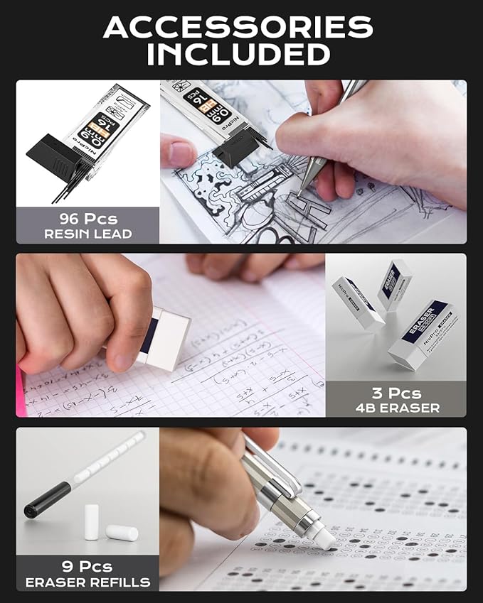 Nicpro 4 Pack Metal Mechanical Pencil Set 0.9mm, MB1000 Lead Drafting Pencil 0.9 mm with 6 Tube HB #2 Lead Refill, 3PCS 4B Eraser, 9 Cap Eraser for Artist Writing, Sketching, Drawing- Come with Case