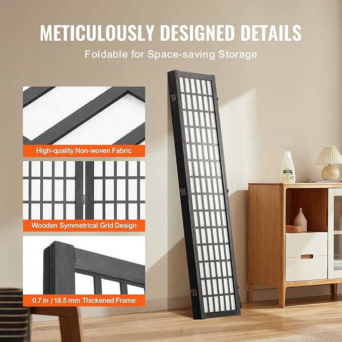 VEVOR Room Divider, 4 Panel Japanese Room Divider, Wood Folding Privacy Screen Indoor, Partition Dividers Portable Decoration Screens, for Room Separation Home Office Restaurant & Bedroom(Black)