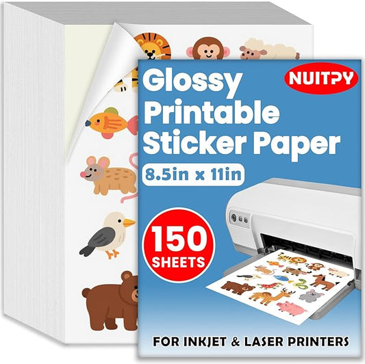 150 Sheets Glossy Sticker Paper, 8.5in x 11in Sticker Paper for Inkjet Printer, Self-adhesive Printable Sticker Papers, Vibrant Colors, Dries Quickly, US Letter Size