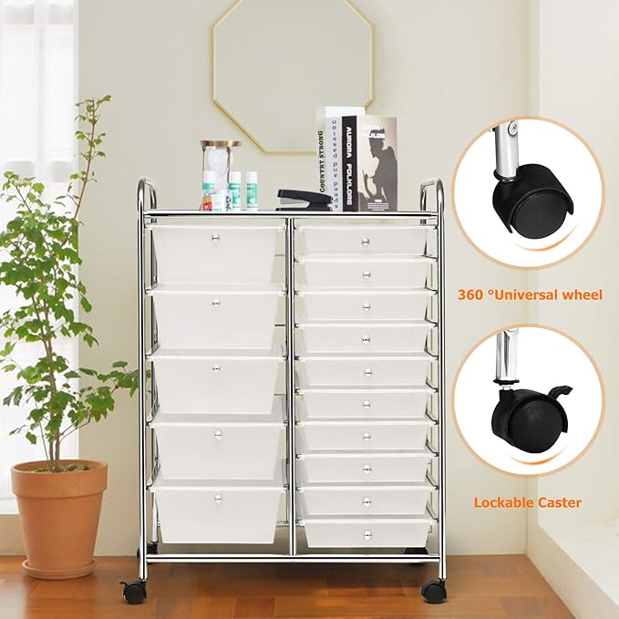 GLACER 15 Drawers Rolling Cart, Storage Cart with w/Removable Drawers & Steel Frame, Multipurpose Organizer Cart w/Sleek Handle, Utility Cart on Lockable Wheels for Home, School, Office (Clear)