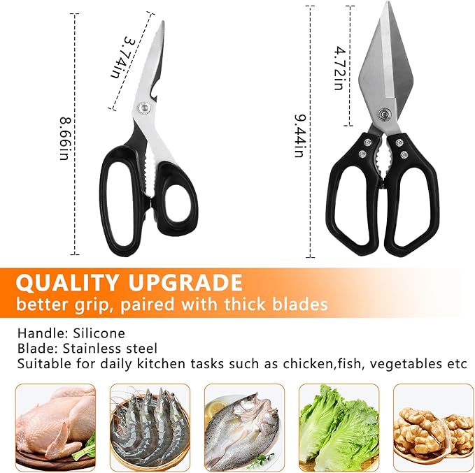 2-Piece Kitchen Scissors (1 Heavy-Duty Poultry Shears + 1 Chicken Bone Scissors) Stainless Steel Cooking Shears, Multi-purpose Kitchen Shears for Meat, Fish, Vegetables and Poultry