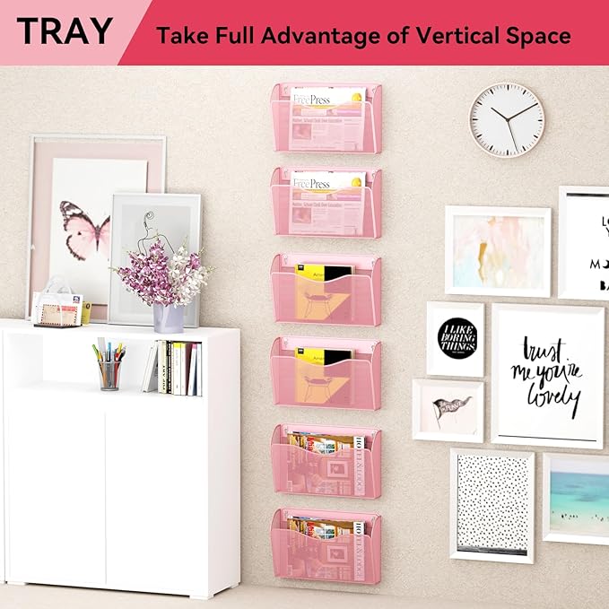 GDINDINFAN 3 Single Pocket Wall File Holder, Mesh Hanging File Folder Paper Organizer, Vertical Wall Mounted Mail Basket, Storage Organization Magazine Rack for Office, Home and School, Pink