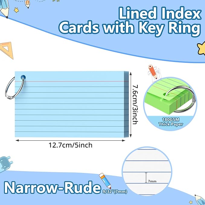 Ciphyfee Index Cards 3x5 Inch With Ring, 300 Count, Ruled Colored Index Card, 180GSM Flash Cards College Ruled for Students, Teachers, Study Note Card for Office, Home, School, Office