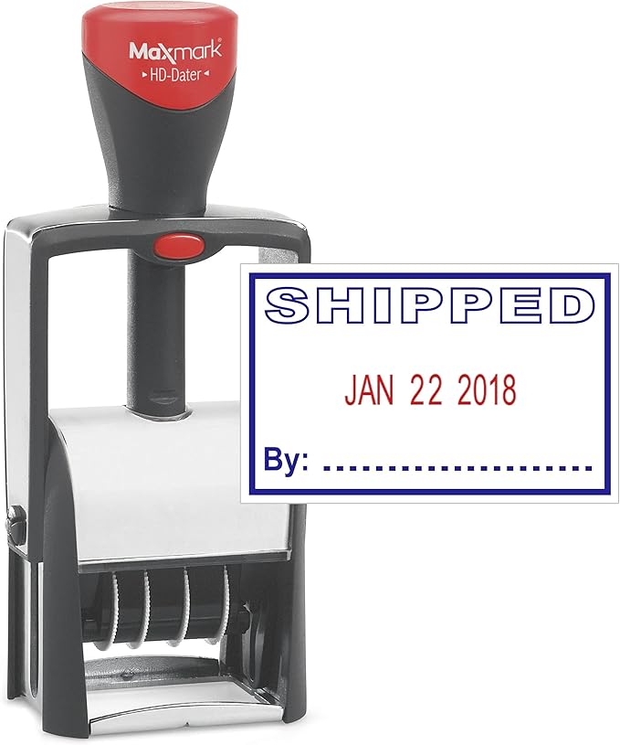 MaxMark Heavy Duty Self Inking Date Stamp with Phrase Shipped - 2 Color Blue/Red Ink