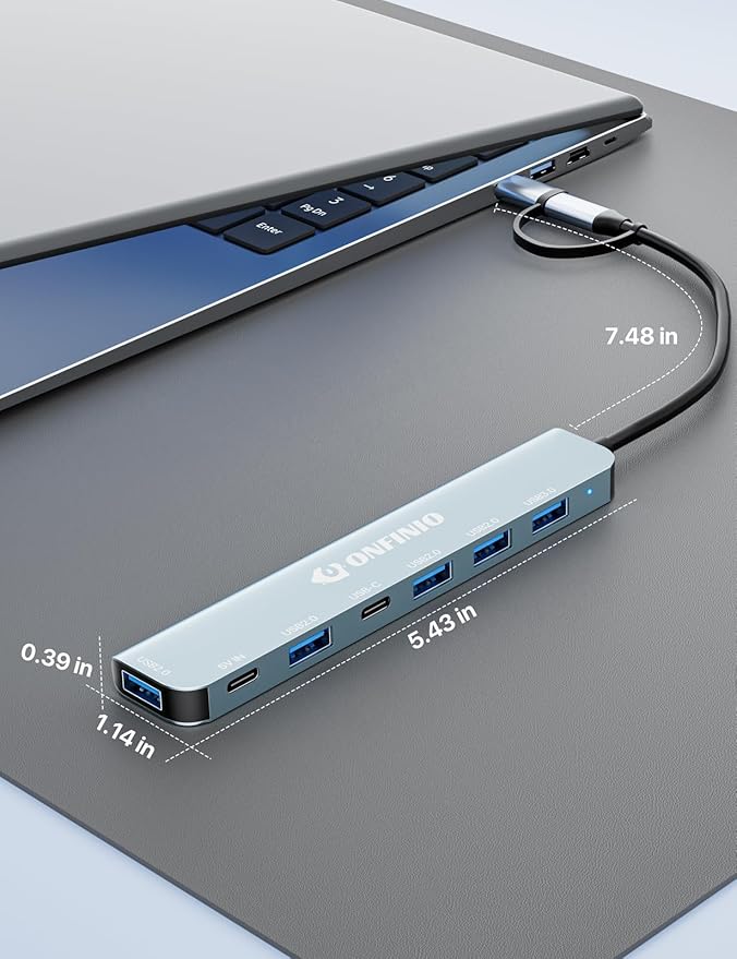 ONFINIO USB C/USB Hub Multiport Adapter,7 in 1 Aluminum USB 3.0 Hub with 1 *USB 3.0, 4*USB 2.0,1*USB C and 1 * 5IN Power Port for PC/Laptop/MacBook/iPad Pro and More Devices