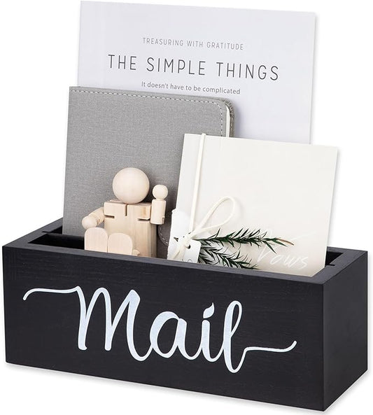 Lucundm Desk Mail Organizer, Mail Organizer Countertop, Wood Desk Mail Storage Box, Envelop Holder for Home Office (Black-2 slot)