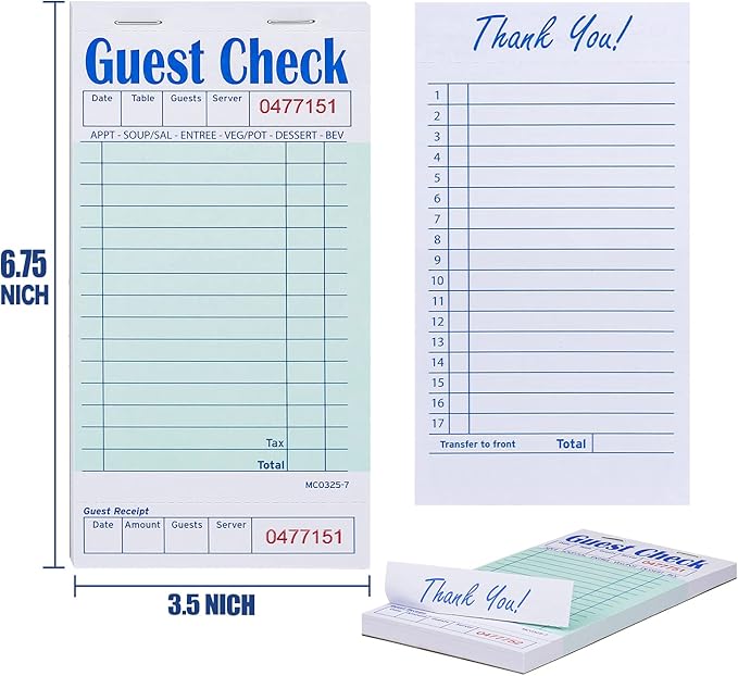 Batrical Guest Checks Server Note Pads 1000 Sheets Waitress Notepad for Restaurants (20 Books) 3.5" x 6.75" Per Ticket Book