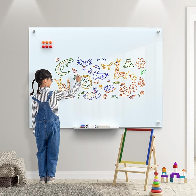 MaxGear Glass Whiteboard Wall Mounted, Frameless Magnetic Dry Erase Board, Tempered Glass, Steel-Backed, Non-Porous Smooth Surface, Floating Design, Accessories Included, for Office Home Classroom