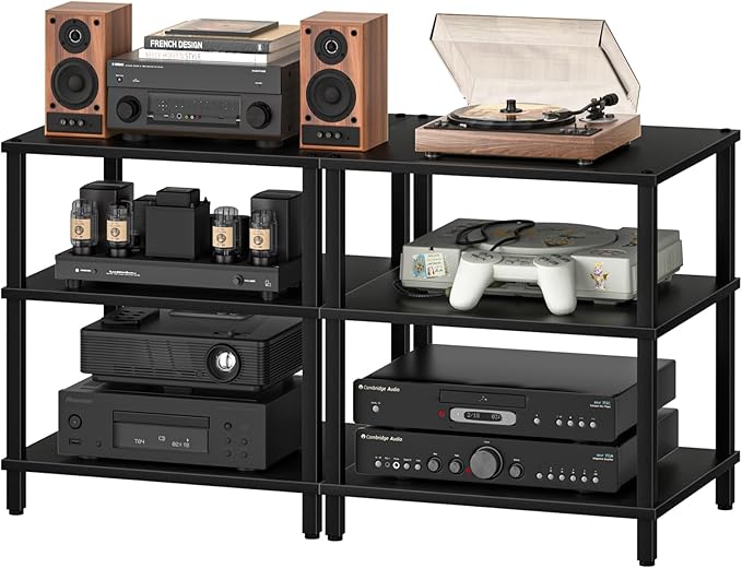 LELELINKY 3-Tier AV Media Player Stand Set of 2, Black Stereo Cabinet, Wooden TV Stand,Game Console Shelf, Multifunctional Entertainment Center, Suitable for Home, Conference Room, Game Studio