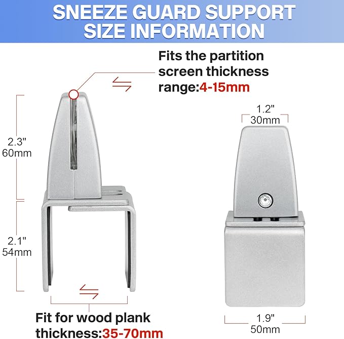 4 Packs Sneeze Guard Support, Aluminum Vertical Partition Board Clamp, Acrylic Desk Divider Support Clamp, Desk Shield Privacy Panel Clamps for Clear Shield for Countertop Reception