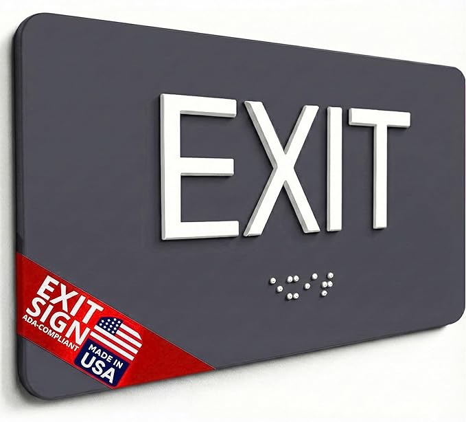 ADA Compliant Exit Sign with Braille (6" x 3" Grey)