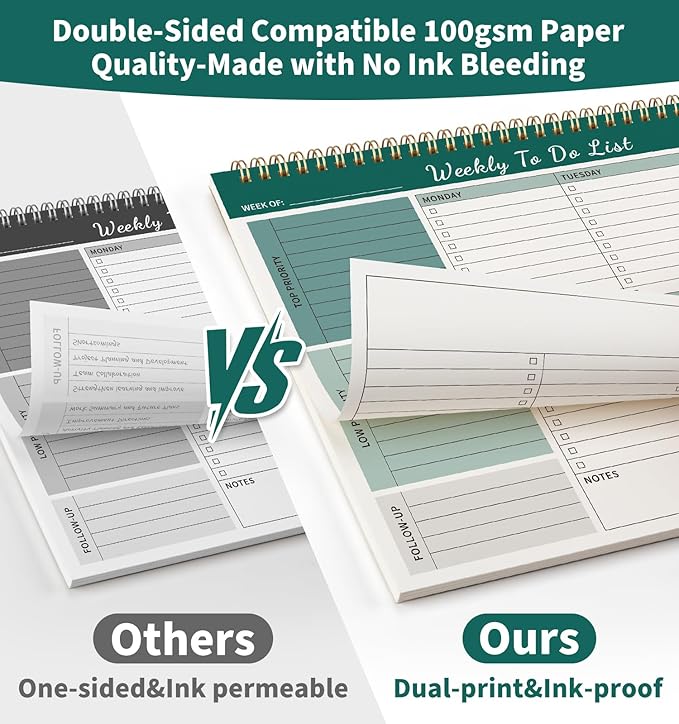 ALKALO 104 Pgs Weekly To Do List Notepad, 52 Duplex-Printed Undated Sheets 100 GSM（8.5"×11") Weekly Desk Planner For Work Home School Office Desk Accessories Supplies & Goal Setting Tasks - Green