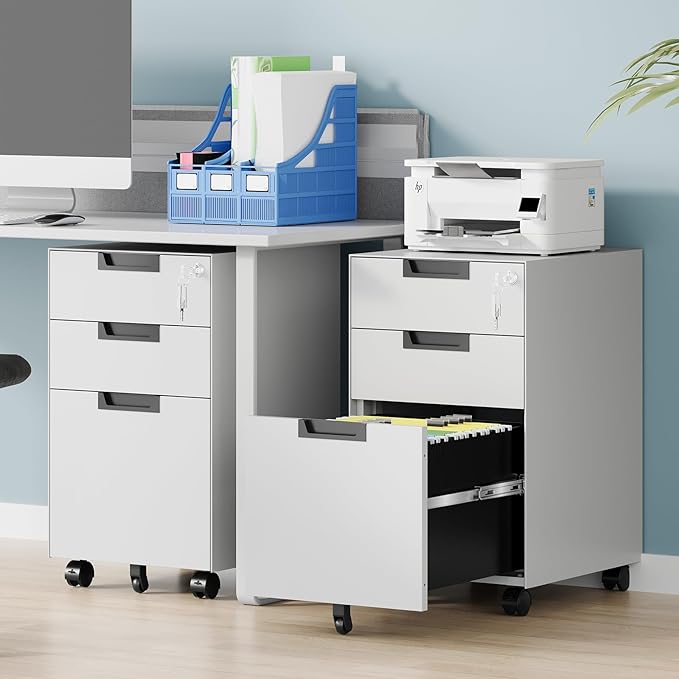 AFAIF 3 Drawer File Cabinet with Lock, Fully Assembled Metal Mobile Filing Cabinets for Home Office, Small Rolling File Caninet on Wheels for Legal/Letter / A4 File, White