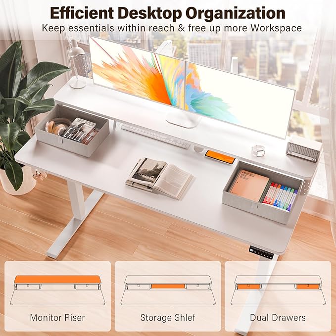Kingant 48 x 24 Inch Electric Standing Desk with Dual Drawers, Height Adjustable Sit to Stand Computer Desk with Storage Shelf and C-Clamp Mount Compatibility for Home Office, White