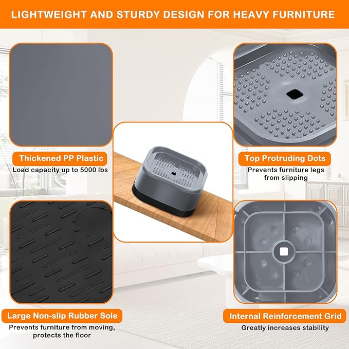 shouwuhho 8 Pack Furniture Risers Adjustable Bed Risers Heavy Duty Lifts Height 1", Square Stackable Bed Risers 1, 2 or 3 Inch for Desk Leg Table Couch Sofa Chair Bed Frame Legs Dorm, Gray