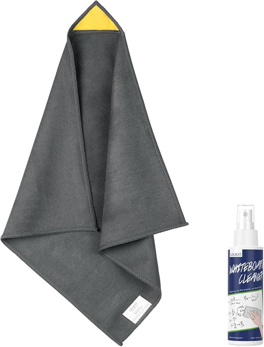 loukin Magnetic Whiteboard Cleaning Cloth, Dry Erase Cleaning Cloth for Classroom, Home and Office Use, Reusable & Washable, Gray, 12" x 12", 1 Bottle of 3.4 fl oz Whiteboard Cleaner Included