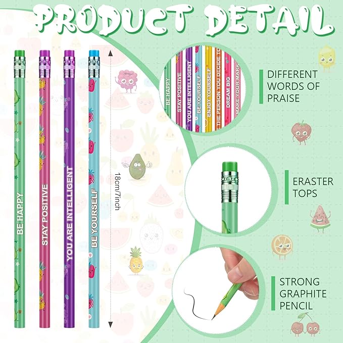 Leinuosen 300 Pcs Scented Pencils Bulk for Kids Inspirational Cute Fun Wood Smelly Pencils with Erasers Fruit Elements for School Classroom Office Students