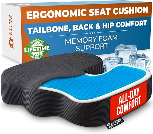 5 STARS UNITED Seat Cushion for Tailbone Pain Relief – Memory Foam Cushion for Coccyx, Hemorrhoid, Sciatica & Post-Surgery Recovery – Wheelchair, Car, Desk, Gaming & Office Chairs, Arctic Black