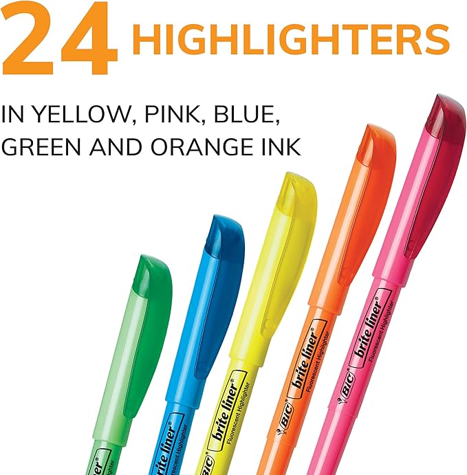 BIC Brite Liner Highlighters Chisel Tip Assorted Colors | Vibrant | 24-Count, Pack of 12