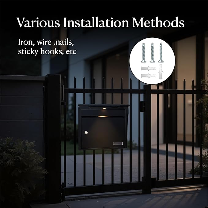 Solar Wall Mount Mailbox for Outside - Auto LED Light at Dusk, Large Locking Mail Box (13 x 3.7 x 12.2 Inches) with Key, Secure Metal Mailboxes for House Outside, Waterproof & Rust-Proof