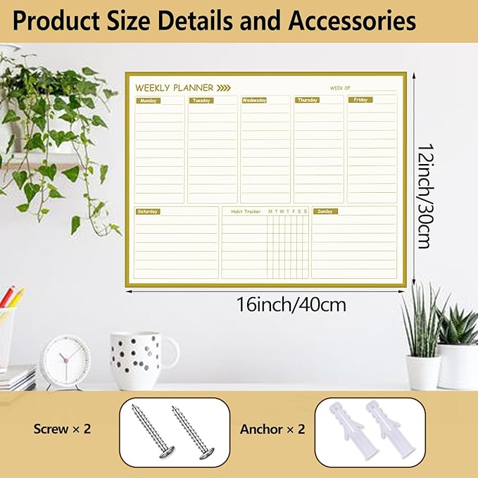 Gold Weekly Dry Erase Board for Wall,12"x16",Small Magnetic Dry Erase Weekly Calendar Board,Gold Metal Frame Weekly Planner Whiteboard for to Do List, Memo, School, Home, Office, Kitchen-GZ