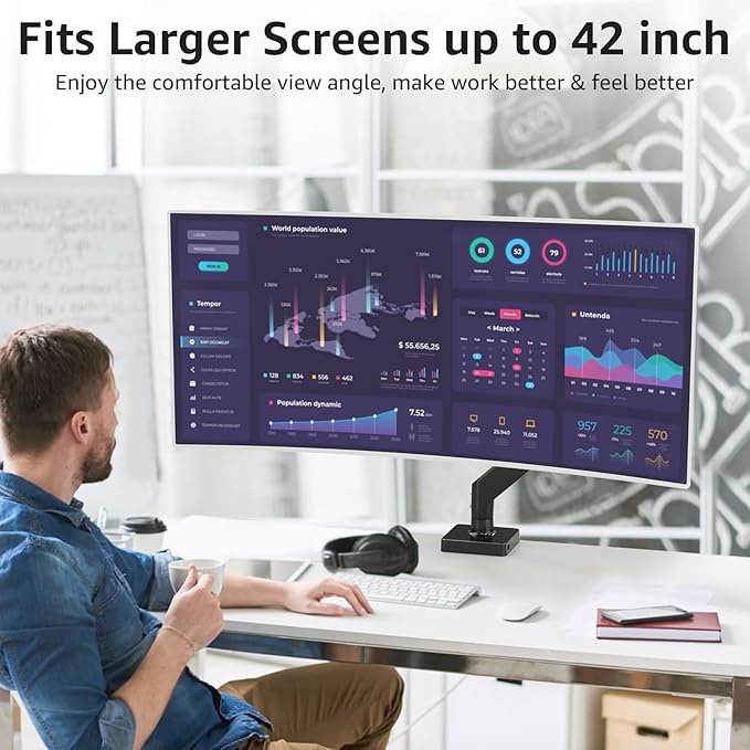 MOUNTUP Single Monitor Mount with USB Fits 49 42 40 35 34 32 27 24 inch Large Screen, Heavy Duty Monitor Arm, Monitors Stand for Desk, Holds 4.4-33 lbs, Ultrawide Monitors Arm, VESA Mount