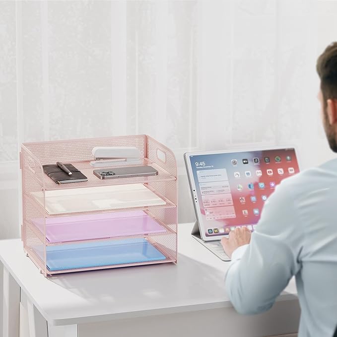 Marbrasse 2 Pack 4 Tier Paper Organizer Letter Tray - Mesh Desk File Organizer with Handle, Paper Sorter Organizer for Letter/A4 Office File Folder Holder (Pink, 12.6" x 9.1" x 10.7")