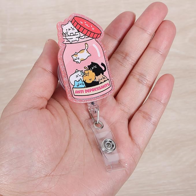 Anti Depressants Funny Cat Nurse Badge Reel, Cute Pink Retractable ID Card Badge Holder with Alligator Clip, Name Tag Medical Badge Buddy for Nurse Psychiatrist Psychotherapist Medical Staff Cat Lover