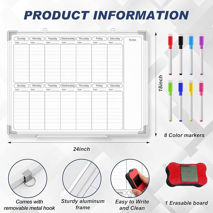 Lincia 24" x 18" Horizontal 2 Weekly Dry Erase Calendar for Wall Undated Horizontal Dry Erase Wall Calendar Planner Aluminum Frame Whiteboard for Home Office Projects Fridge