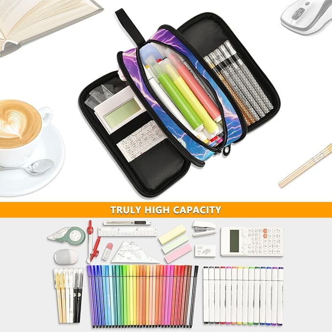 Wolf Howling Moon Lightning Pencil Case Box Boys Girls Large Pencil Pouch with Zipper Compartments Big Capacity Stationery Pen Bag Organizer for Kids Teens Adults School