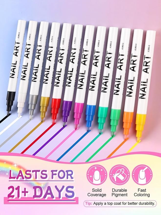 EBANKU 12 Colors Nail Art Pens Set, 3D Nail Polish Pens Acrylic Paint Pens Nail Markers for Nail Art Drawing Painting Manicure Tools Nail Design Kit Home Nail Salon DIY, 0.7MM