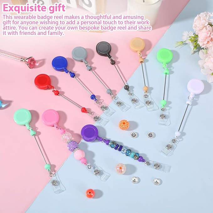 50 Pcs Colorful Beadable Badge Reel, Retractable Clips Holder Beaded Blank Bars with Belt Clip for ID Name, DIY Gift for Nurse Office Supplies
