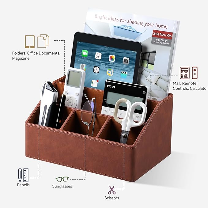 Cretkhp Remote Control Holder with 5 Compartments for Office Art Supplies, PU Leather Nightstand Organizer Pencil Pen Desk Caddy for Home, Desktop TV Remote Control Organizer Storage (Brown)