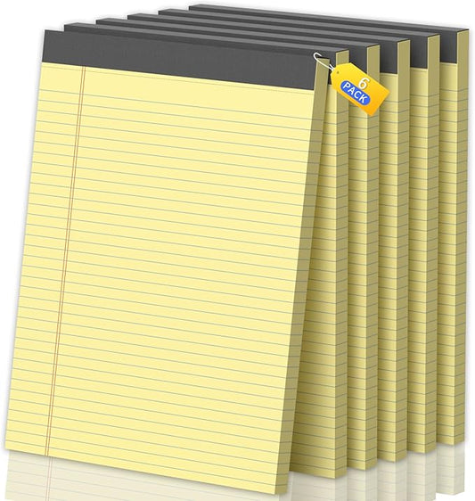 6 Pack Legal Pads 8.5 X11, College Ruled Notebook, 300 Sheets Yellow Note Pad, Writing Pads 8.5x11, Tear Off Notepad, Lined Paper, Notebook Paper for Office Home School, 50 Sheet/Pad