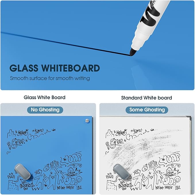 MaxGear Glass Whiteboard, Tempered Magnetic Dry Erase Board Blue, Frameless Wall Mounted, Office Classroom Conference Room Home Use, Includes Markers, Eraser, Magnets & Mounting Kit