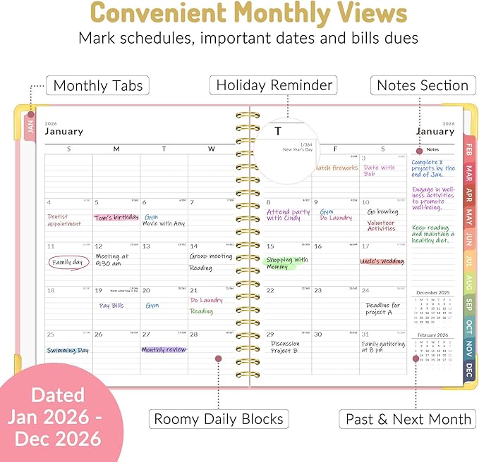 Forvencer 2026 Planner, Hardcover Calendar Planner Weekly and Monthly, Jan 2026 - Dec 2026, 8.5" x 11", Spiral Daily Organizer for Home School, Pink