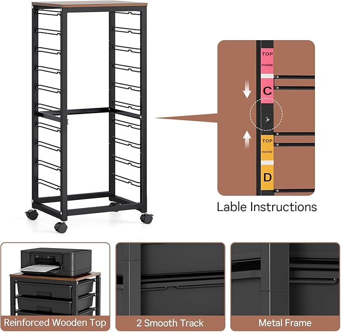 SYKIARIOL Rolling Cart with Drawers,10 Drawer Rolling Cart,Rolling storage cart with drawers,Black Rolling Drawer Cart,Teacher Rolling Cart for Classroom Storage,Craft Cart with Wooden Tabletop